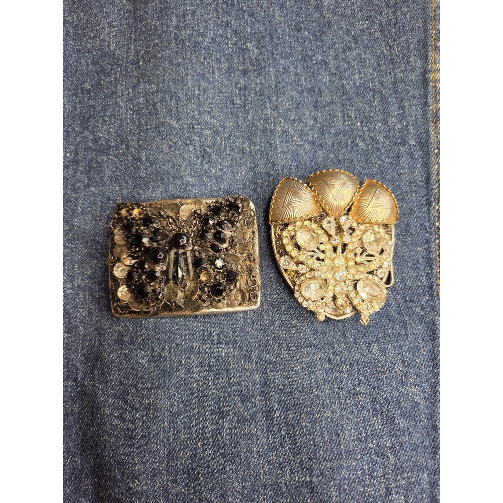 Women's Lot of 2 Handmade Crystal Belt Buckles - 80s Brooch Black